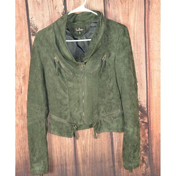 Lulus Womens Moto Jacket Green Faux‎ Leather Suede Short Cropped Size Small S - Picture 1 of 8